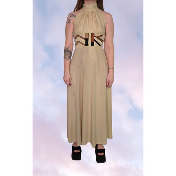 American Vintage Dresses & Skirts - 60s 70s Vtg Boho Cream Tan High Neck Maxi Open Back Dress Suede Leather Accent